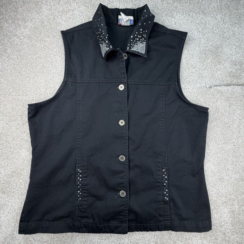 Las Olas Black Denim Vest Embroidered Rhinestone Bicker‎